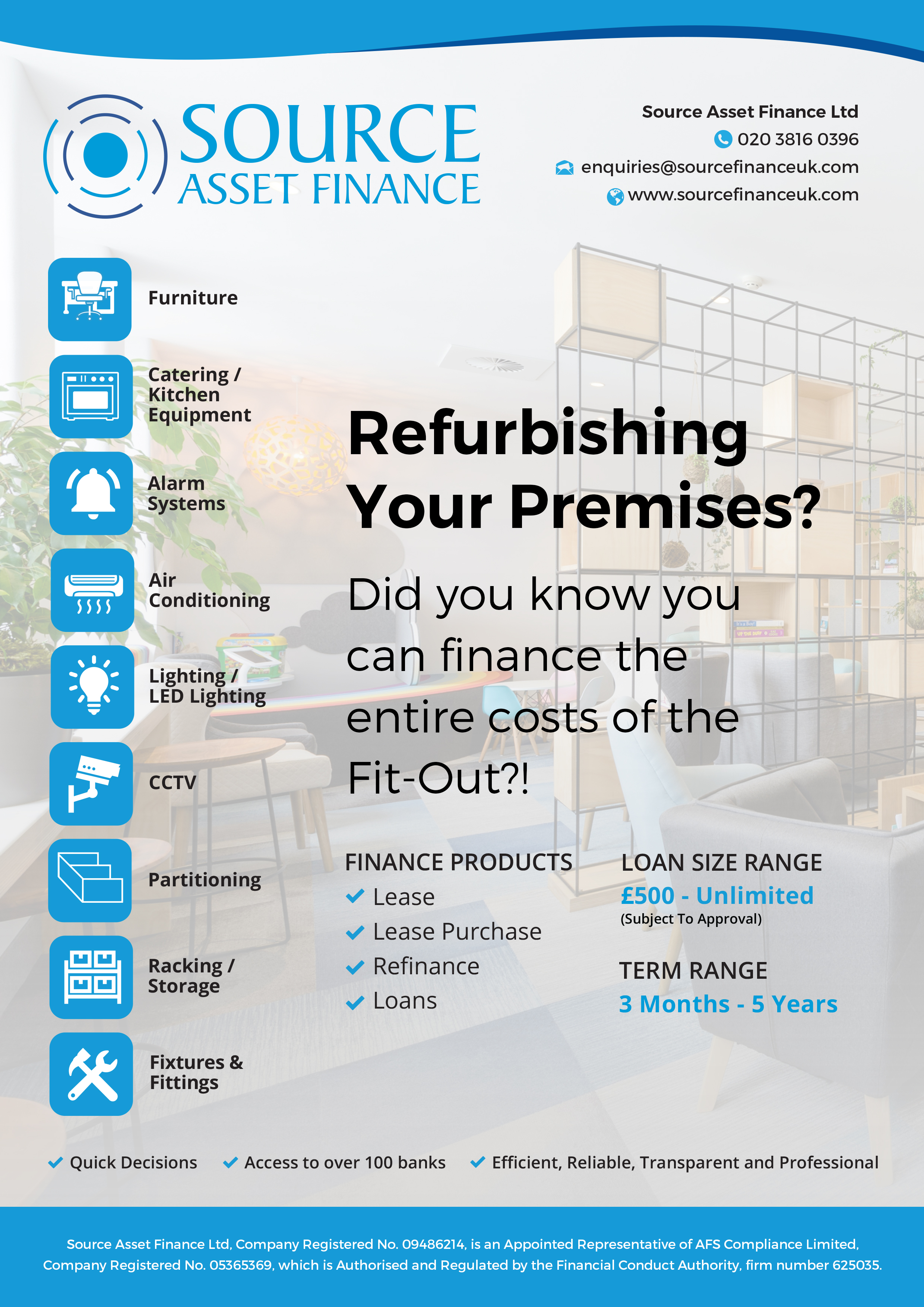 refurbishment finance fit-out lease hire purchase loan funding pub hotel restaurant office shop workshop 